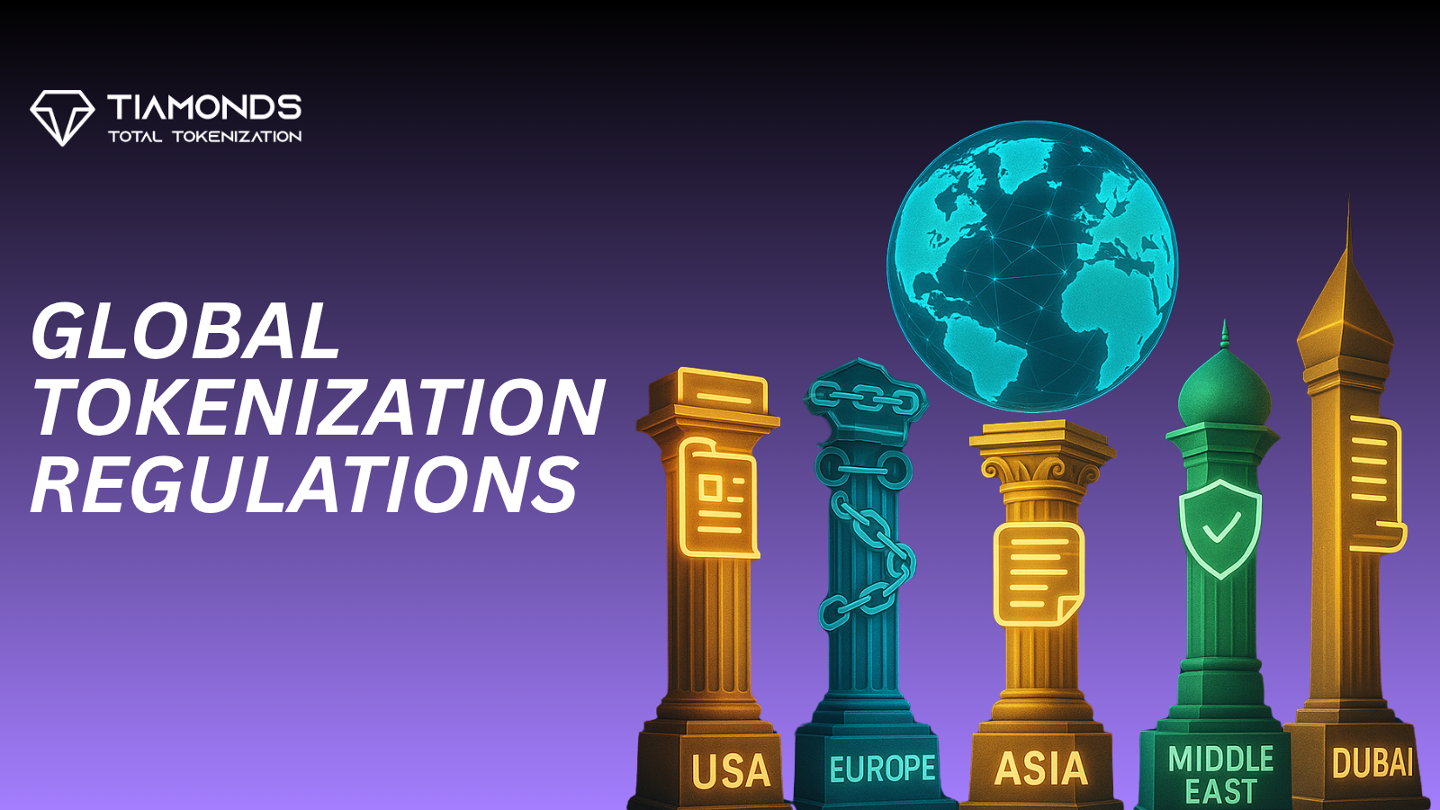 Illustration of global tokenization regulations with pillars labeled USA, Europe, Asia, Middle East, and Dubai, highlighting country-specific RWA compliance.