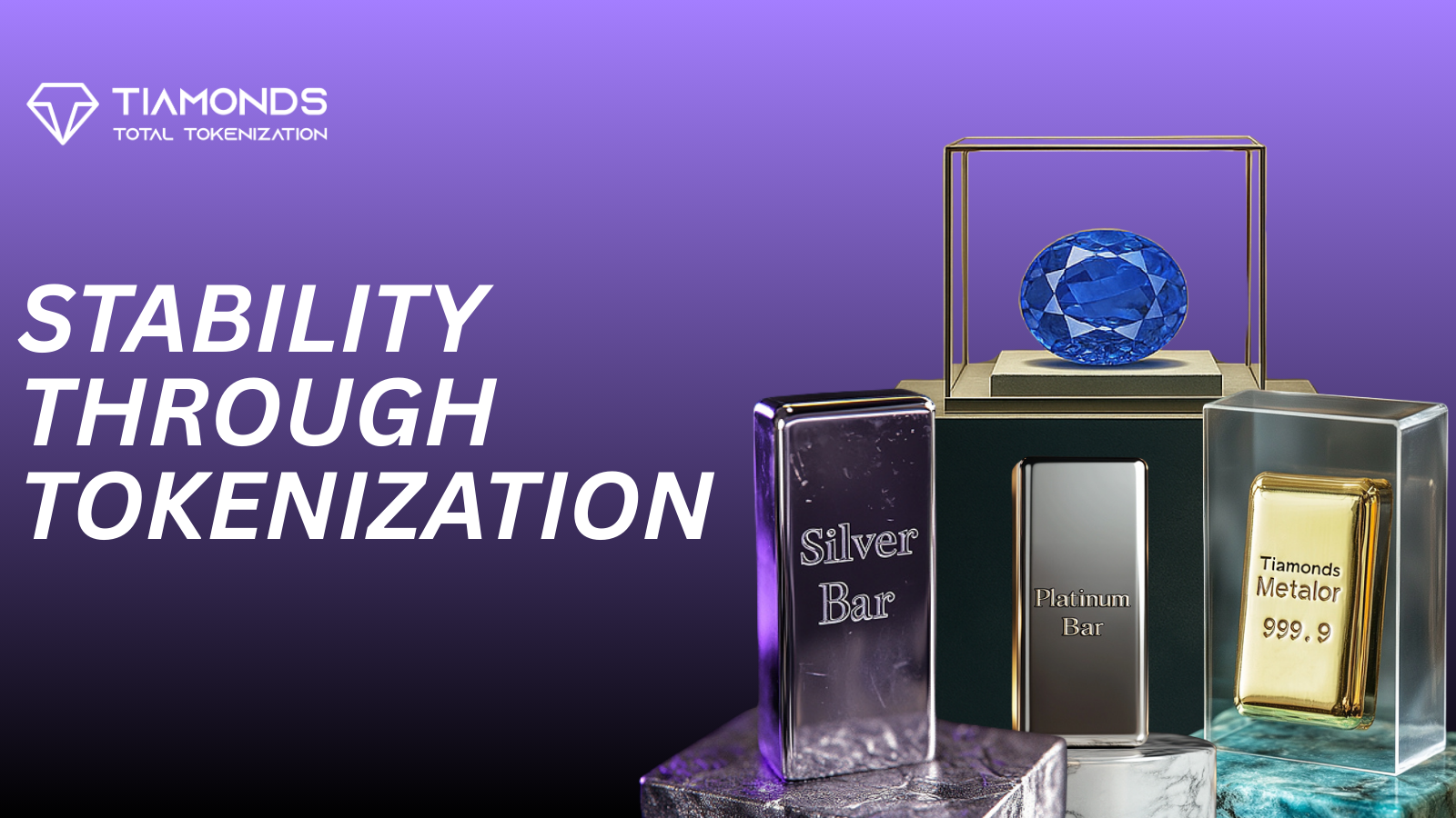 Tokenized assets like diamonds and gold shown as secure blockchain-based investments during market volatility