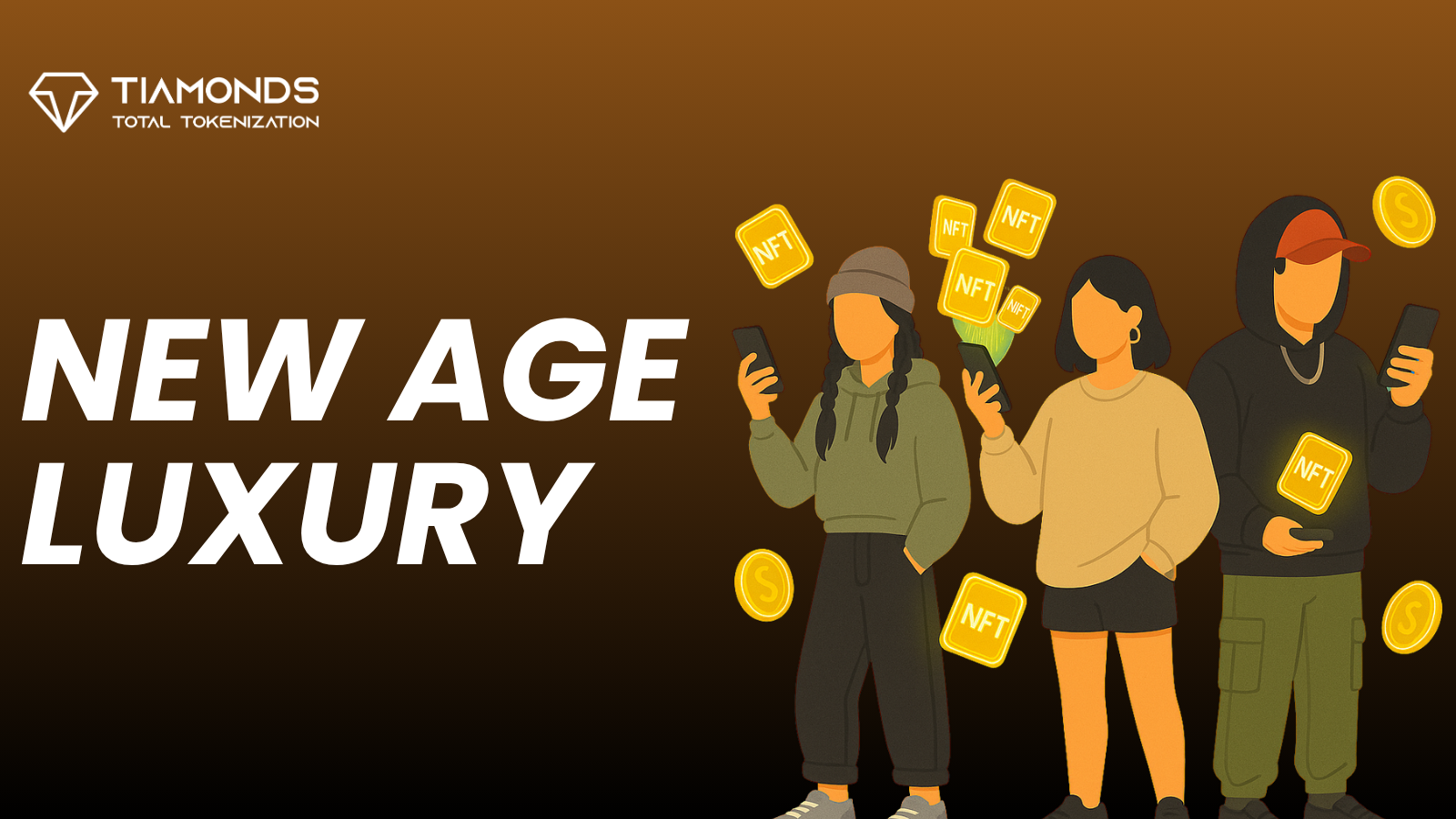 Illustration of Gen Z individuals holding smartphones with gold NFTs, representing the shift from traditional luxury to digital asset ownership